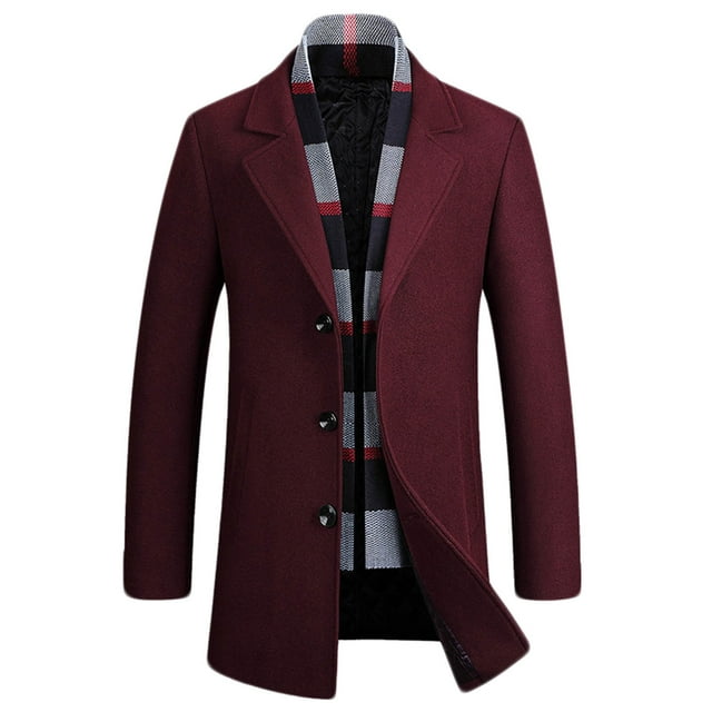 Lovzfmll Men's Wool Overcoat Mid-Length Button Front Notched Lapel Scarf Pockets Wine, L