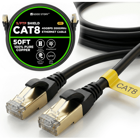 GS Cat 8 Ethernet Network Cable 50 Foot Shielded RJ45 LAN Cord, Supports Up to 40 Gbps and 2000 MHz, Heavy-Duty for Gaming, Streaming, Network Devices, PC PS5 Xbox Modem, Router, Wireless Bridge