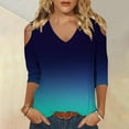thumbnail image 2 of gbyLJF 3/4 Length Sleeve for Womens Fall Tops Off The Shoulder Shirts Summer V Neck T-Shirt Solid Color Tunic Tees A02_Navy M, 2 of 5