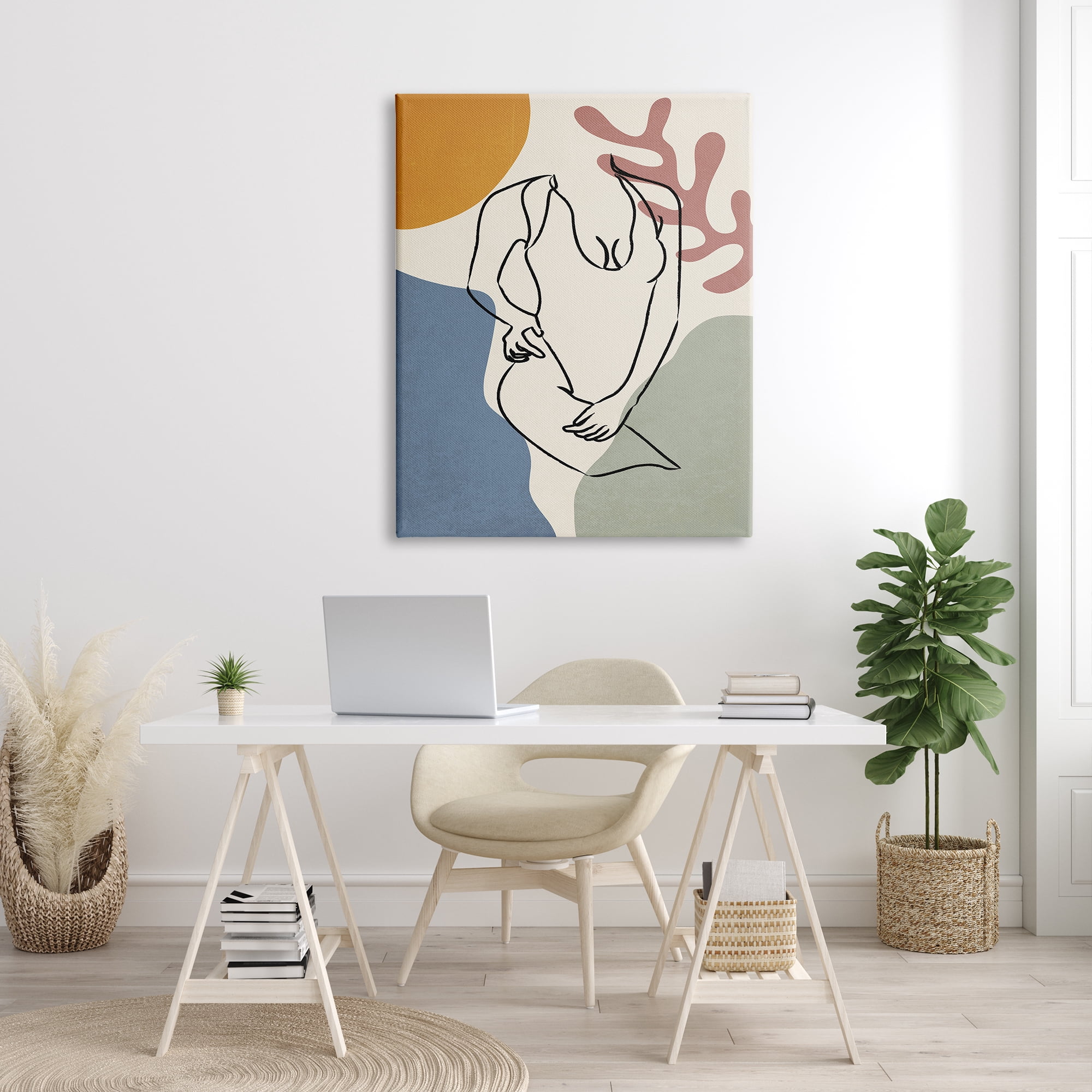 Stupell Industries Female Swimsuit Body Linework over Abstract Shapes Abstract Painting Gallery Wrapped Canvas Print Wall Art, 36 x 48