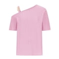 thumbnail image 4 of Mrat Yoga Gym Basic Tops Fashion Women's Casual Short Solid Neck Tops Blouse Skew Collar Blouses Pleated Blouses Tunic Top S-94 Pink-A S, 4 of 5