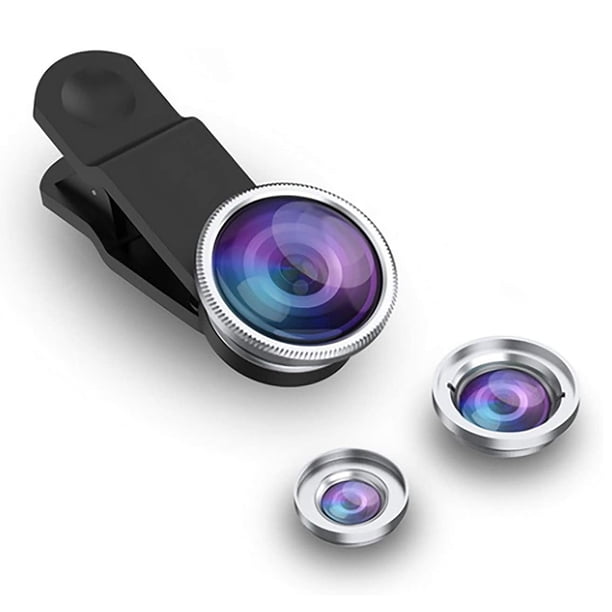Juego de lentes de teléfono móvil 3 en 1, adaptador de cámara con clip para teléfonos inteligentes: lente ojo de pez (lente ojo de pez de 180 °) + gran angular (0,65x ancho) + lente macro (10x) Adepaton 221216-1