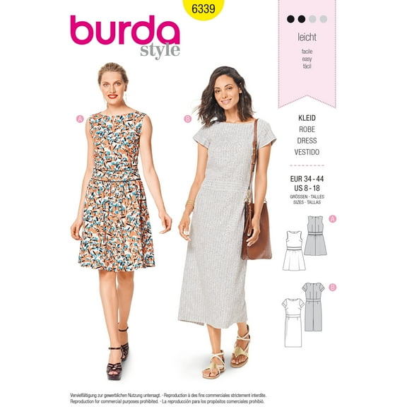 Burda Style Sewing Pattern 6339 - Misses' Dress with Waistband, Size: A (8-18)