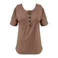 thumbnail image 4 of MIXUE Boho Tops For Women Summer Solid Color Round Neck Button Off Shoulder Short Sleeve Tee Shirts Sportswear,Brown,L, 4 of 4