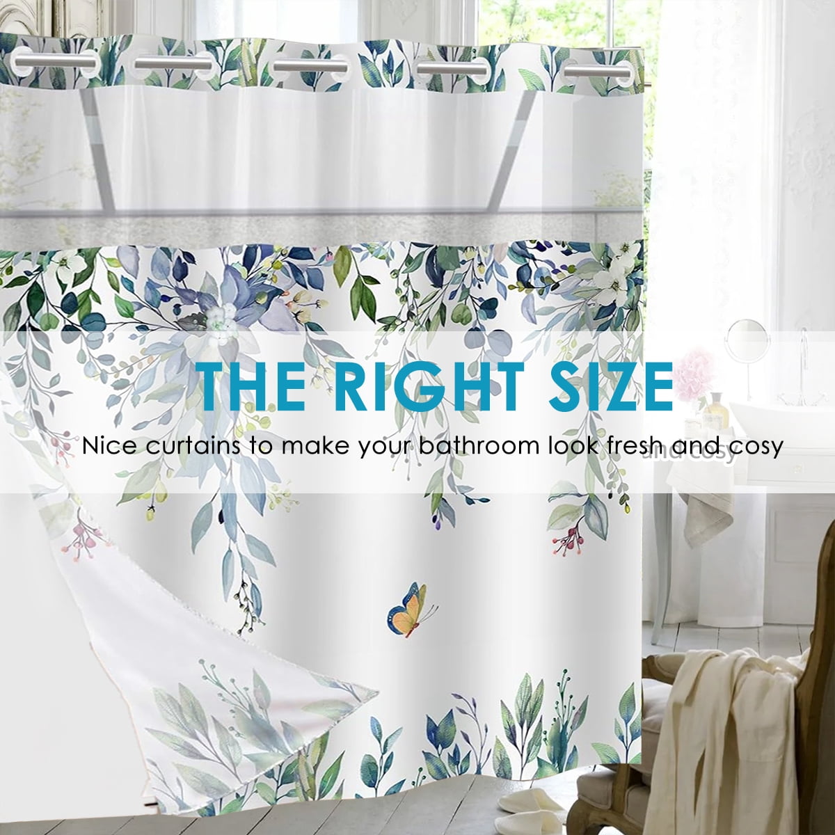 Dznils No Hook Shower Curtain with Snap-in Liner, Blue Eucalyptus Fabric Bathroom Curtain, 72" x 74"