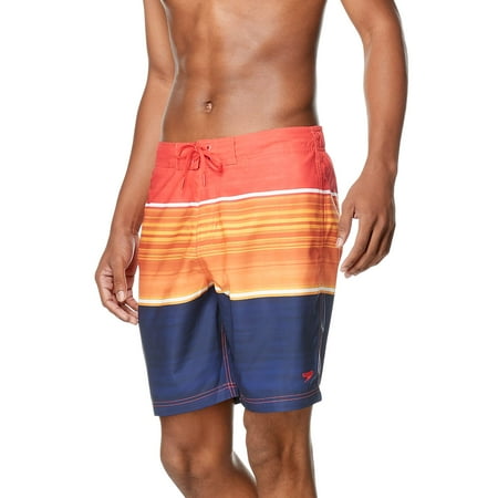 Speedo Men's Standard Swim Trunk Knee Length Boardshort Bondi Striped, Barrier Vibrant Orange, Small