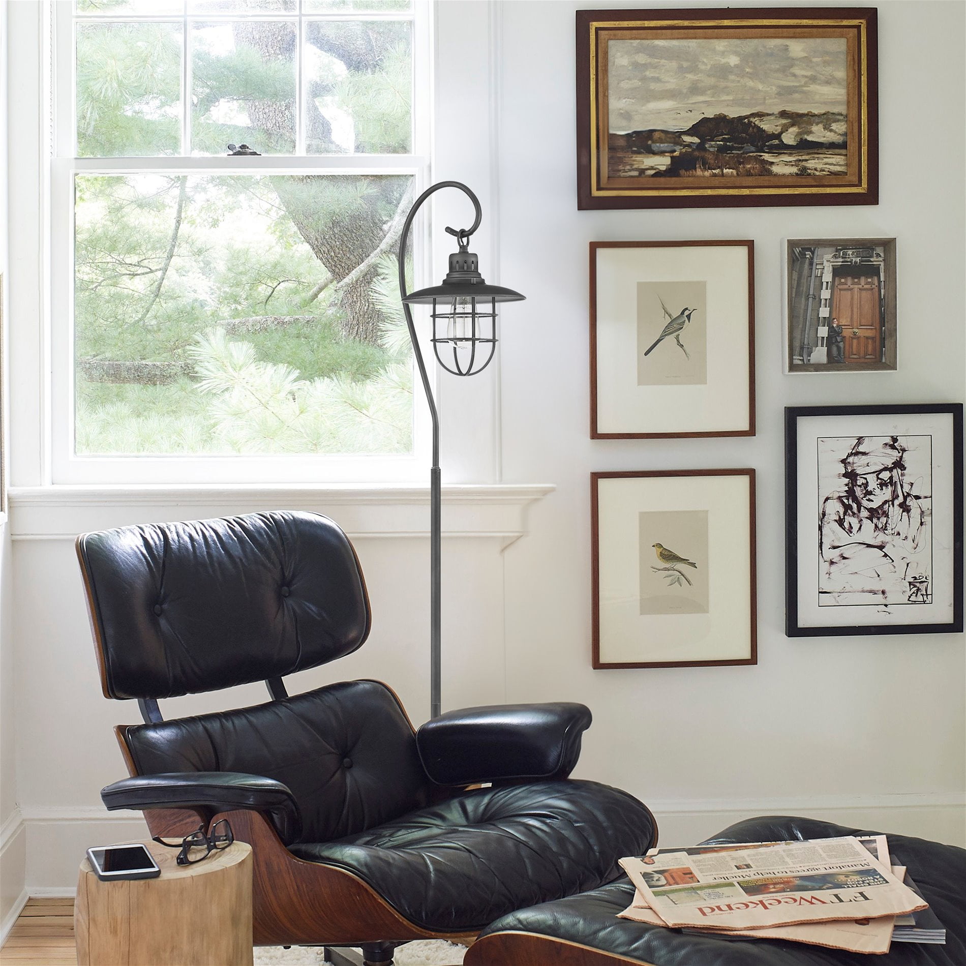 Kira Home Lantern 58" Nautical Floor Lamp + 6W Bulb ( / ), Hanging Shade Design + Cage, Brushed Pewter