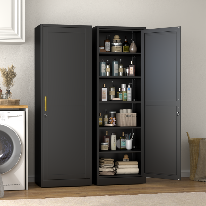 Ero 67" Metal Storage Cabinet with Lock, Tall Narrow Office File Cabinets with 1 Door & 5 Adjustable Shelves