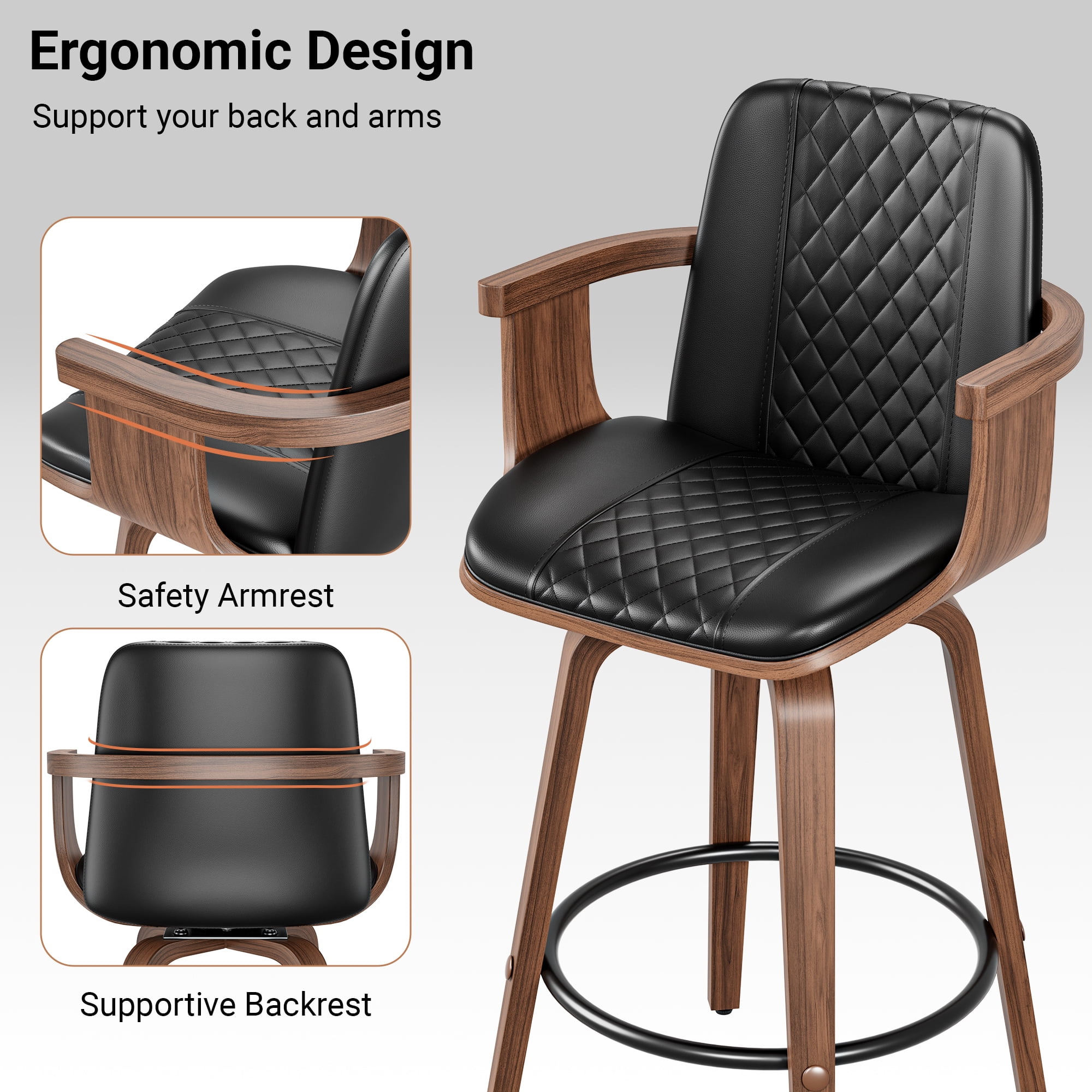 LainTene Bar Stools Set of 3, 26" Bentwood Barstools with Arms High Back, Mid-Century Modern Counter Height Swivel Bar Chairs for Kitchen Island