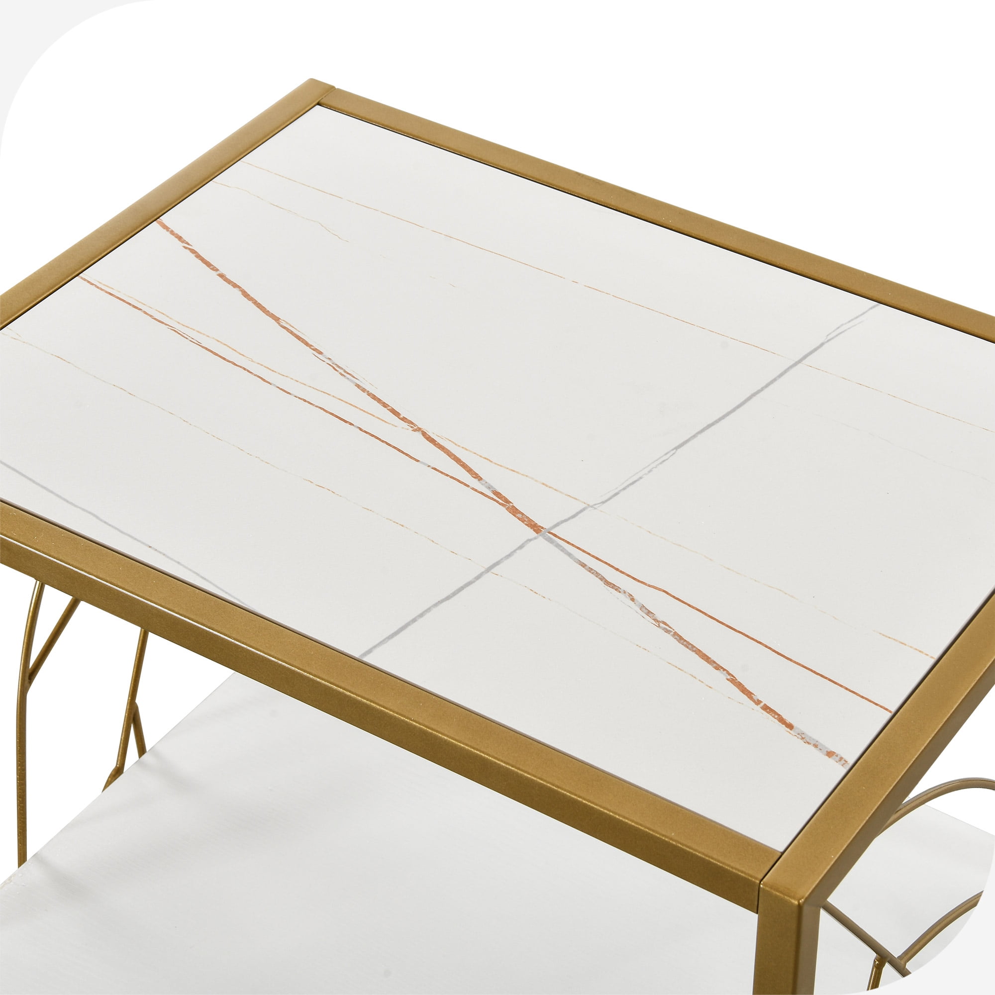 Dextrus End Table with Drawer and Storage Shelf, Modern Nightstand Table Sofa Side Table with Sintered Stone Tabletop and Metal Leaf Shaped Frame for Living Room, Bedroom, White and Gold
