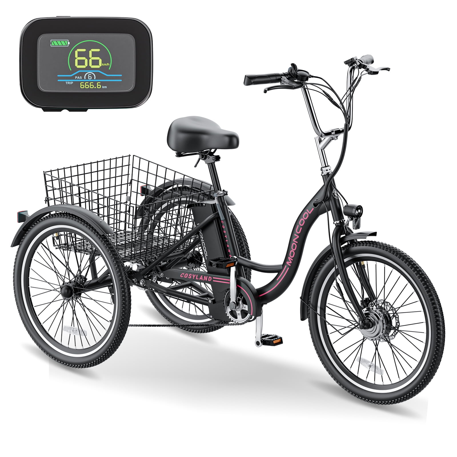 MOPHOTO 24" Electric Tricycle for Adults with Basket, Electric Trike for Seniors,7 Speeds 3