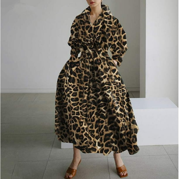 VISgogo Vestido elegante para mujer, color sólido/estampado de leopardo, manga larga, vestido camisero con cintura ceñida, S-XXXXXL VISgogo moda