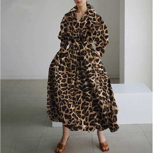 VISgogo Vestido elegante para mujer, color sólido/estampado de leopardo, manga larga, vestido camisero con cintura ceñida, S-XXXXXL VISgogo moda