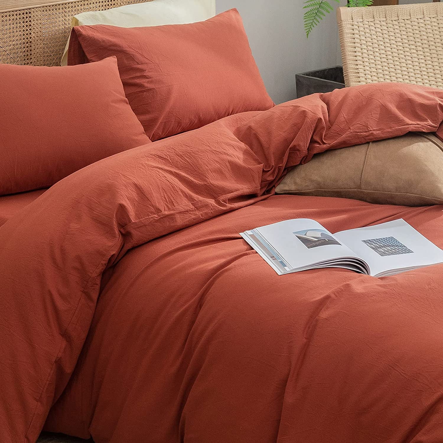 BESTOUCH Duvet Cover Set Full 100% Washed Cotton Linen Feel Soft Chic Lightweight 3Pcs (Burnt Brick Red, 80"x90")