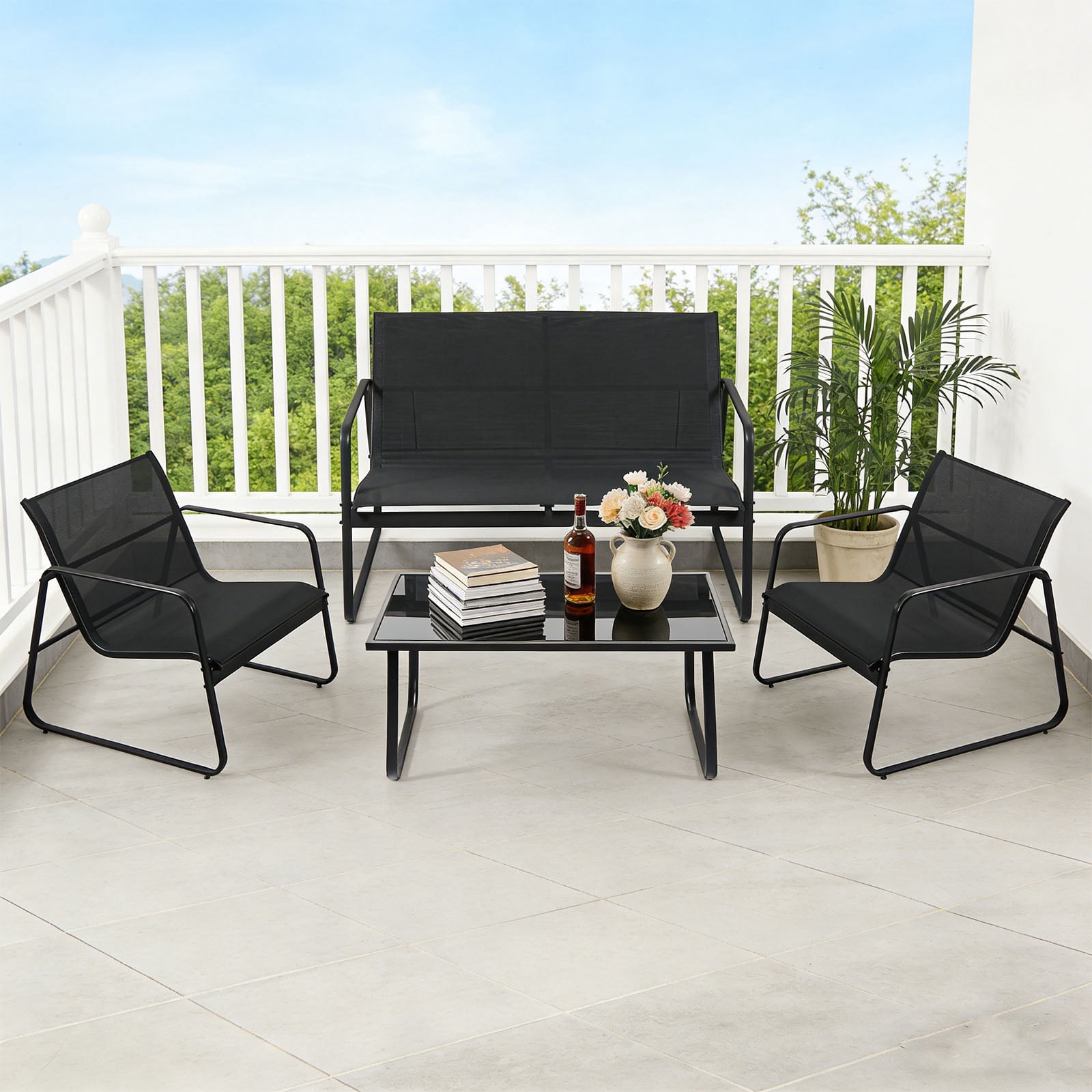 Casabay 4-Piece Outdoor Courtyard Furniture Set with Patio Chairs & Coffee Table, All Weather Outdoor Seating Breathable Fabric for Yard, Pool, Lawn, Black