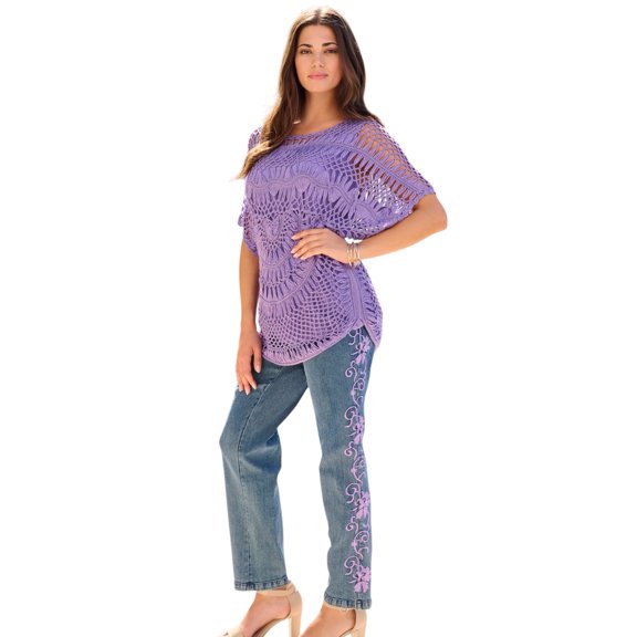 Roaman's Women's Plus Size Relaxed Pullover Crochet Sweater