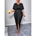 thumbnail image 4 of Women'S Satin Silky Long Sleeve V Neck Lace Up High Waist Side Split Maxi Dress, 4 of 7
