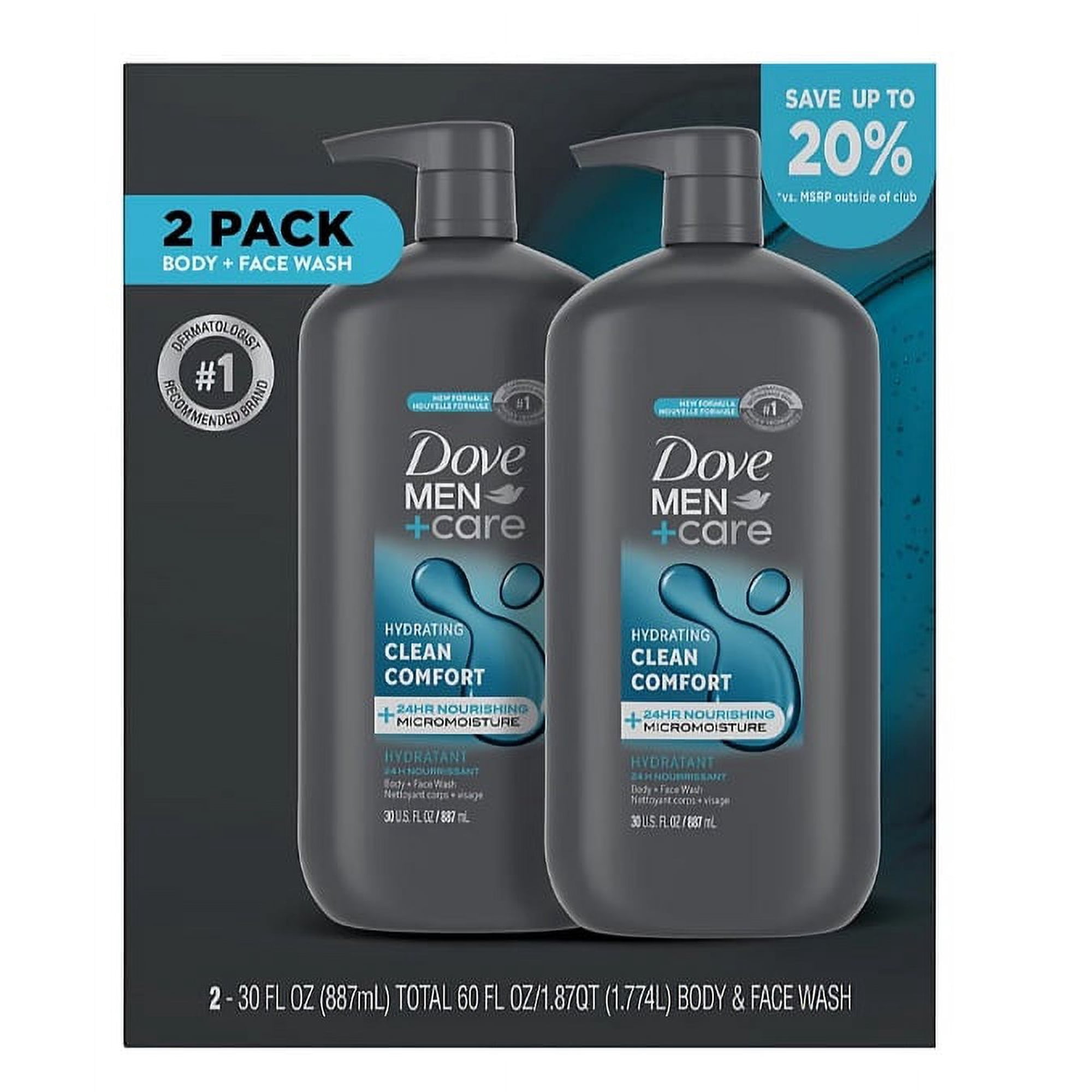 Dove Men+Care Clean Comfort Body & Face Wash, 2 pk./30 oz.