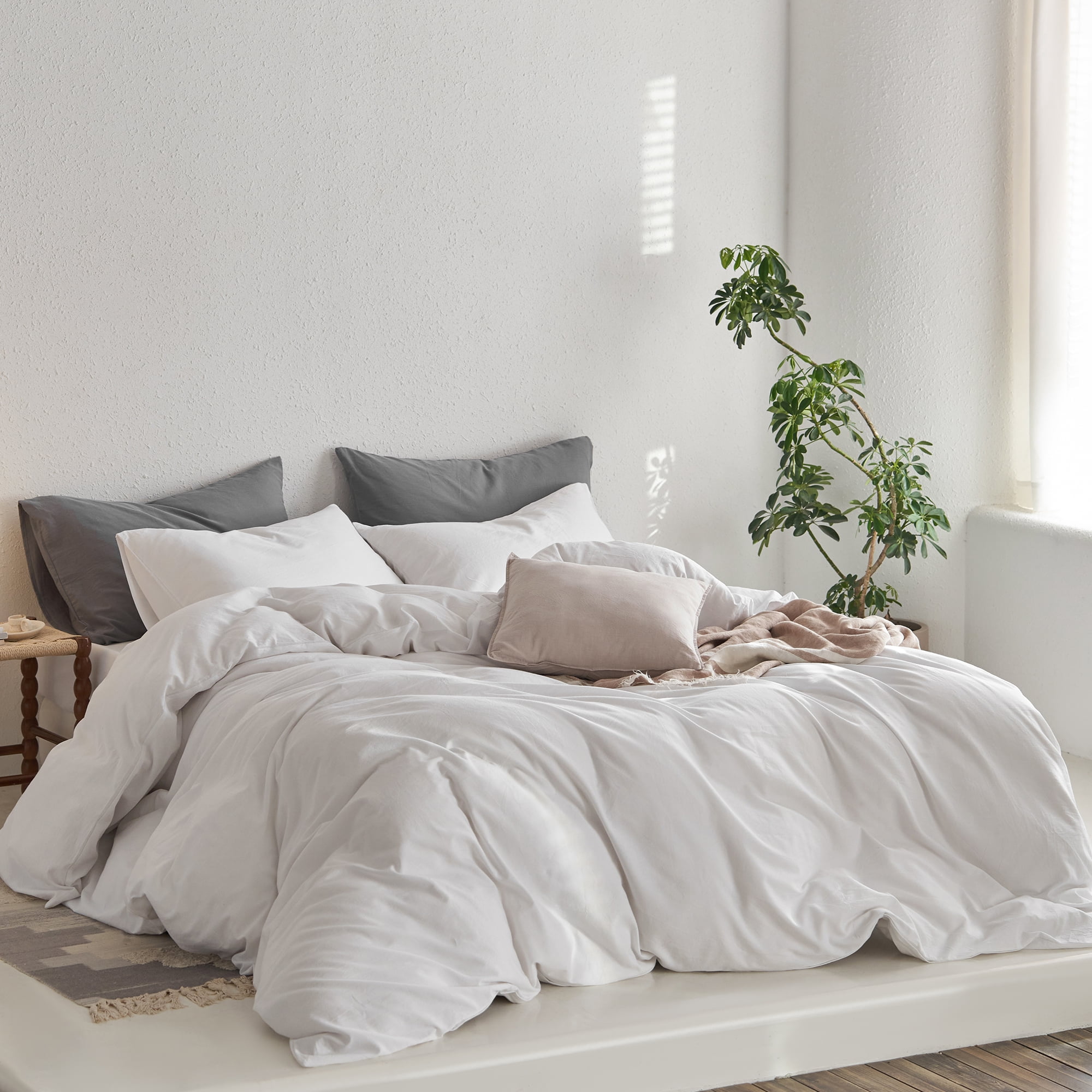 MooMee Duvet Cover Set Queen 100% Washed Cotton Twill Ultra-Soft Breathable Linen Like 3-Piece (Bright White, 90"x90")