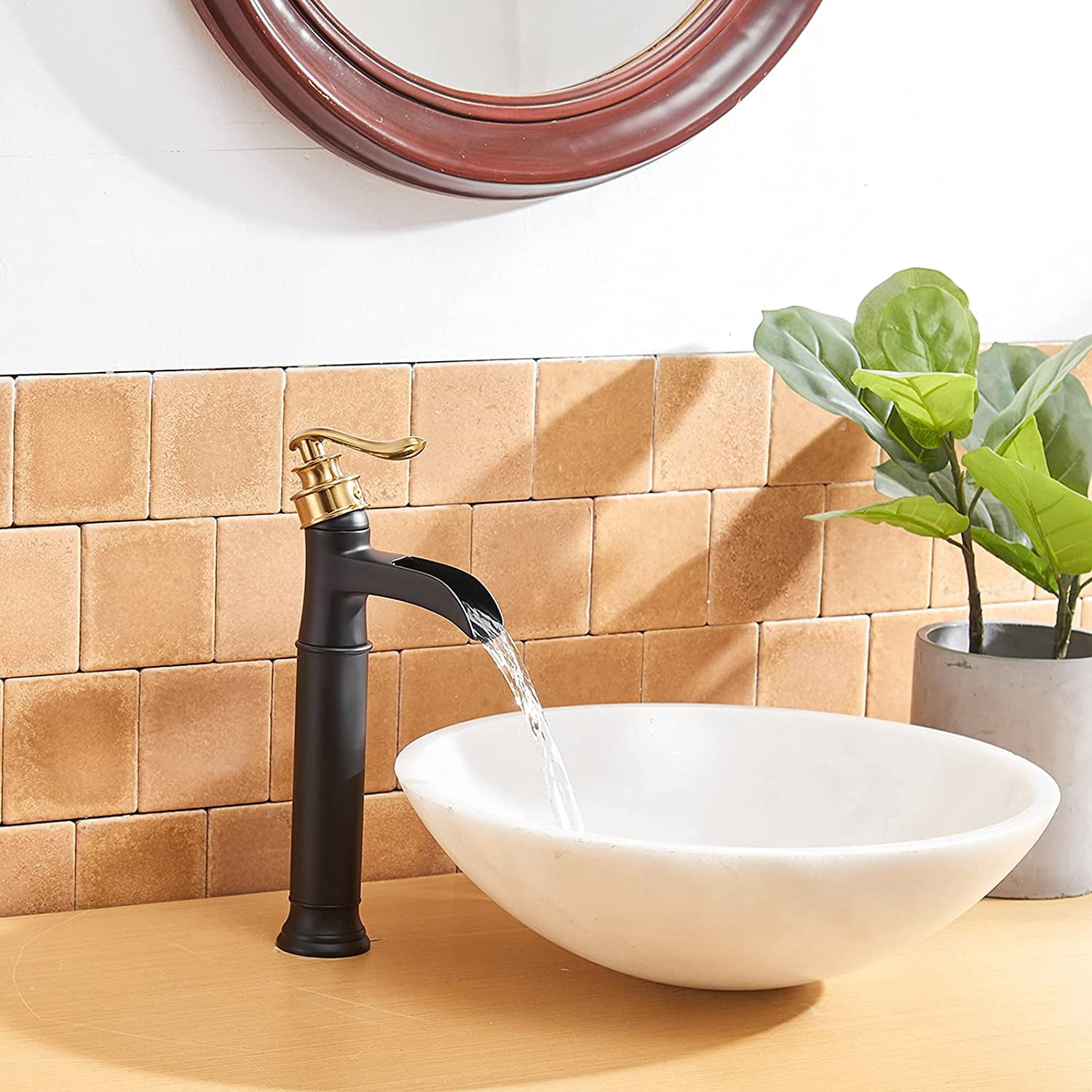 BWE Vessel Sink Faucet Waterfall Gold with Matte Black Single Hole with Pop Up Drain Without Overflow and Supply Lines Bathroom faucets for Sink One Handle Faucets Vanity Bath Mixer Tap Lead-Free
