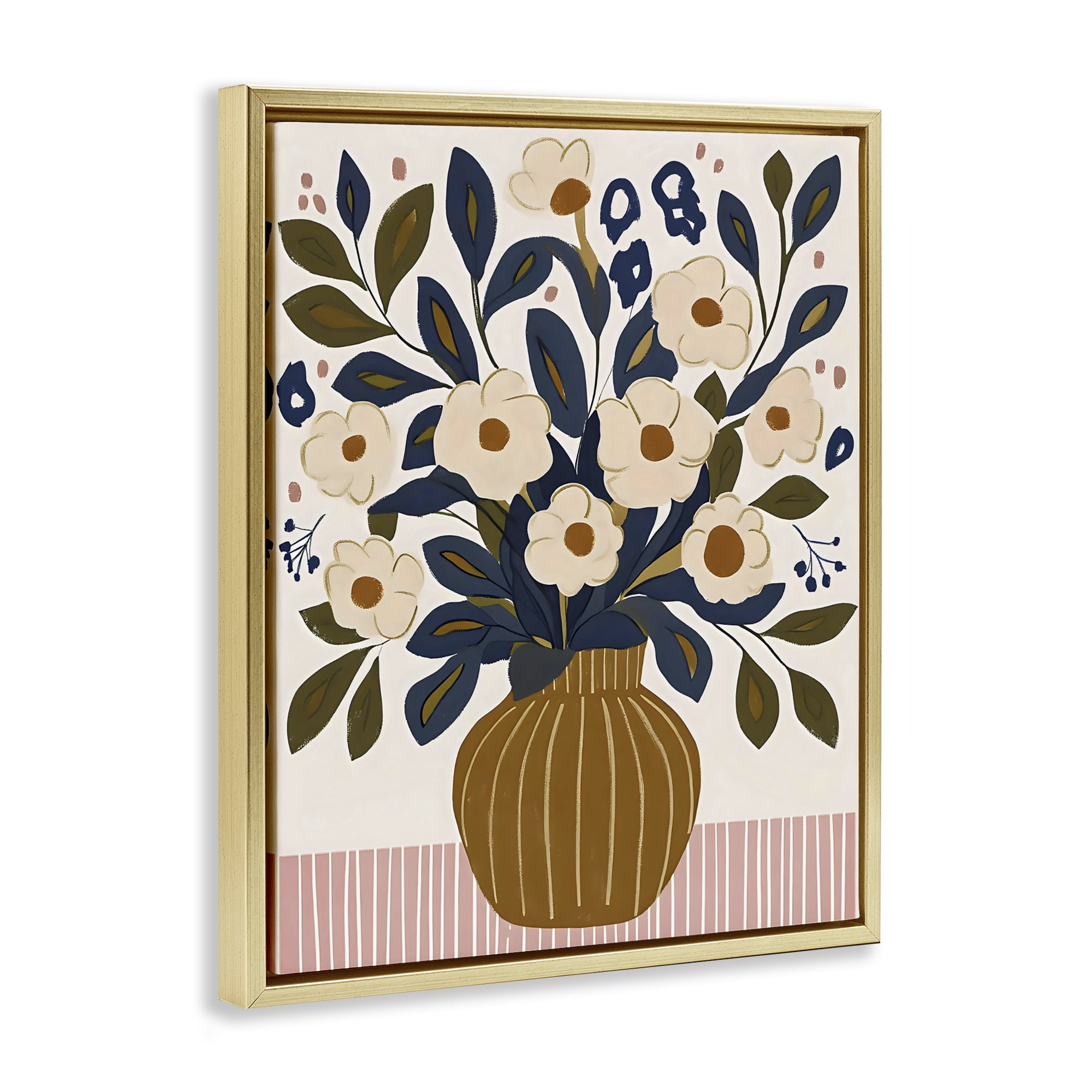Stupell Industries Boho Floral Vase with Stripes Gold Framed Floater Canvas Wall Art, design by Creative Studio