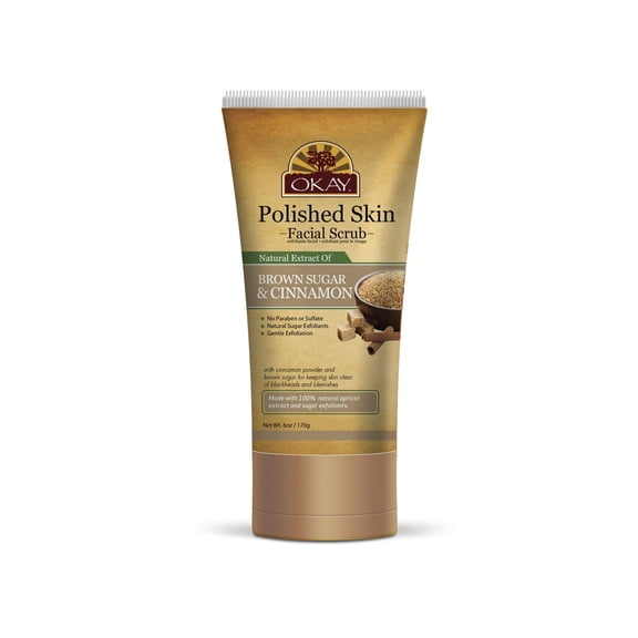 OKAY Polished Skin Brown Sugar & Cinnamon Facial Scrub, Gentle Exfoliating Face Scrub Clears Blemishes & Dead Skin Cells, Refreshing Skin Care, Alcohol Sulfate Paraben Free, 6 oz / 170 g