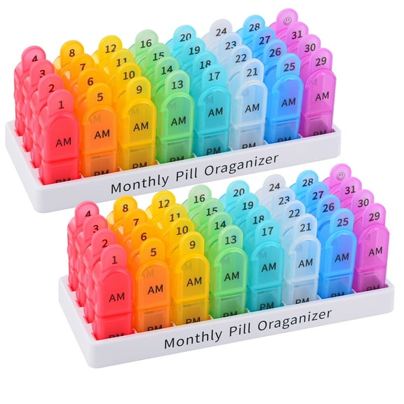 Monthly 30 Day 2 Times A Day Pill Organizer, 4 Week Medicine Organizer, Moisture-Proof Pill Cases Pill Box, Small Compartments to Hold Vitamins Fish Oil Supplements Great for Travel (2 Pack)