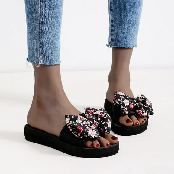 Viluyesy Womens Slide Sandals, Slip On Floral Bow Open Toe Casual Beach Flatform Slippers Black