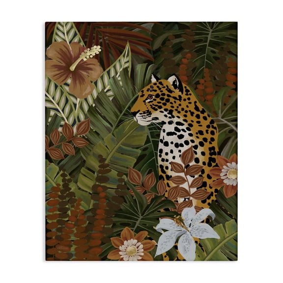Stupell Industries Hibiscus Jungle Leopard Animals Painting Wrapped Canvas Art Print Wall Art, 16 x 20