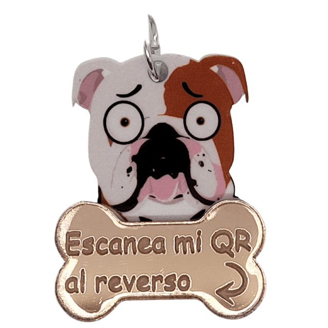 Placa DE identificación inteligente TQR BY FAKIRGEEK para Mascotas QR Perro gato Bulldog Ingles rosa CAFÉ blanco