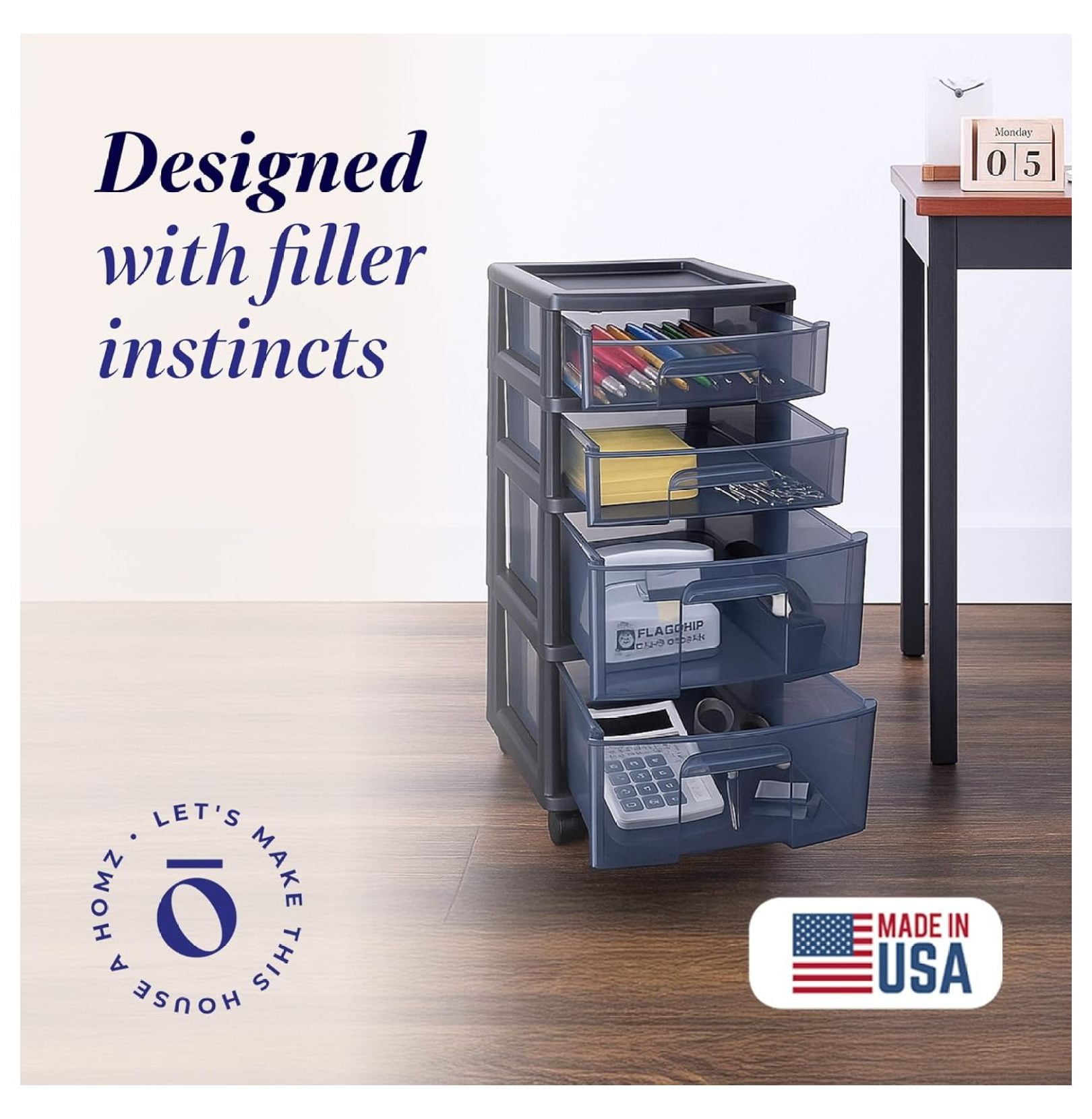 Drawer Tower, 4 Tier Plastic Storage Cart with Wheels - Black Organizer for Bathroom, Bedroom, Office - Rolling Drawer Unit for Clothes, Toys, Supplies