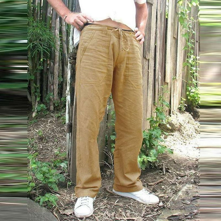 CAICJ98 Gifts For Men Men's Drawstring Linen Pants Casual Summer Beach  Loose Trousers Khaki,L