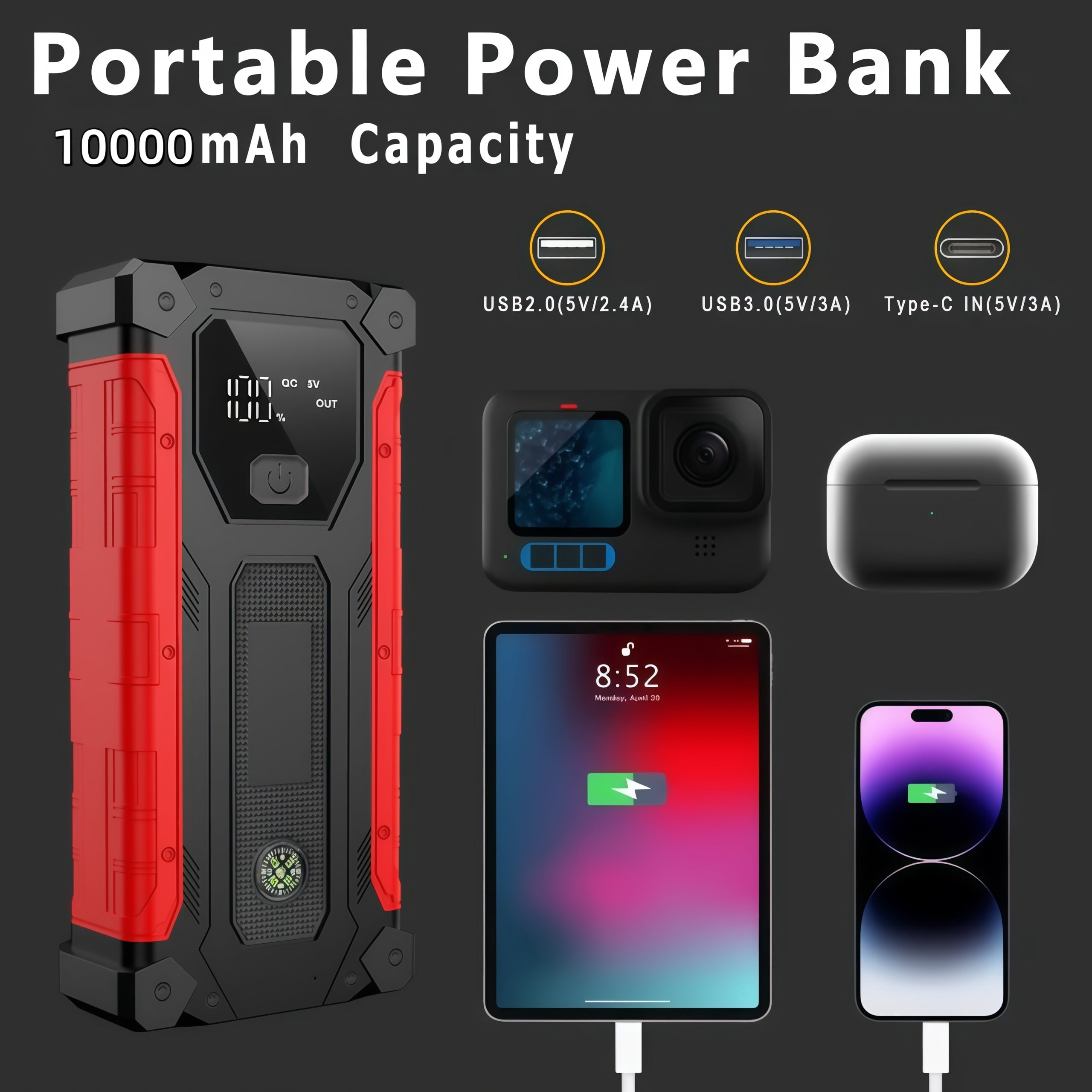 Car Jump Starter,5000A peak 12V Battery Jump Box with Quick Charge Out(up to 6.0L Gas and 4.0L Diesel Engines), Portable Battery Booster pack Power Bank Car Starter