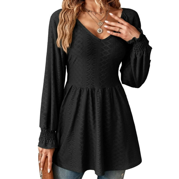 Camisas de manga larga para mujer, blusas casuales tipo túnica plisada, blusas con cuello en V, negras, M, L, XL, XXL