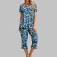 thumbnail image 2 of Lounge Sets for Women Two Piece Casual Floral Print Short Sleeved Round Neck and Cropped Pants Set, 2 of 7