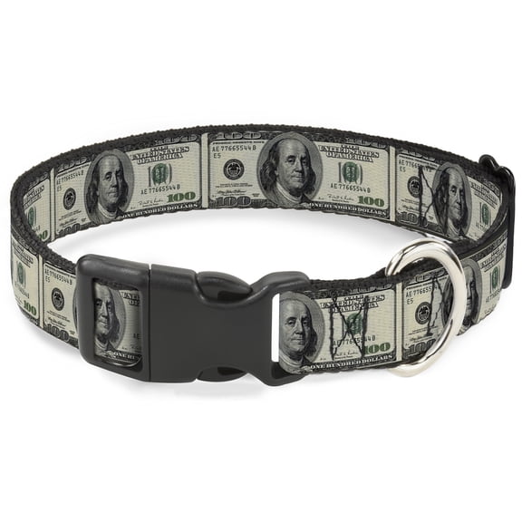 Buckle-Down Pet Collar, Dog Collar Plastic Buckle, 100 Dollar Bills, 7 to 8.5 Inches 0.5 Inch Wide
