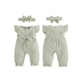 thumbnail image 2 of BemeyourBBs Newborn Baby Girl Spring Summer Fall Clothes Infant Baby Girl Waffled Romper One Piece Outfit Ruffled Flying Short Sleeve Front Bow Stripes Jumpsuit with Headband, 2 of 9