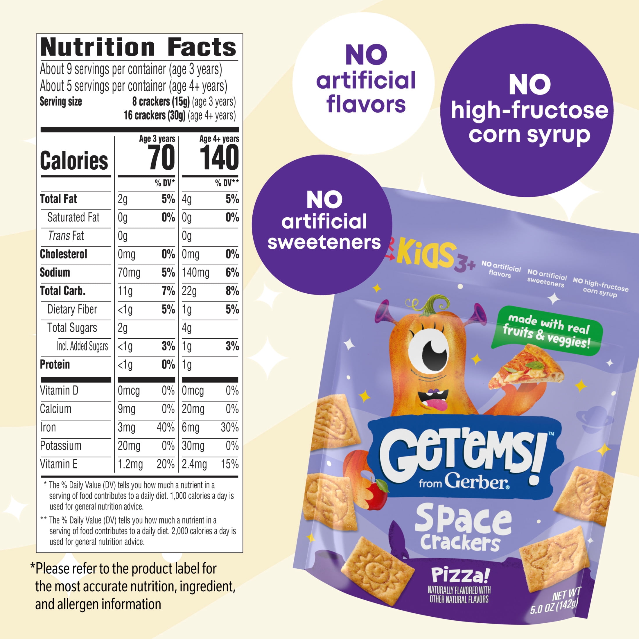 Get'ems from Gerber Pizza Flavor Snack Crackers, Kids Snack Made with Real Veggies & Fruits, Iron & Vitamin E