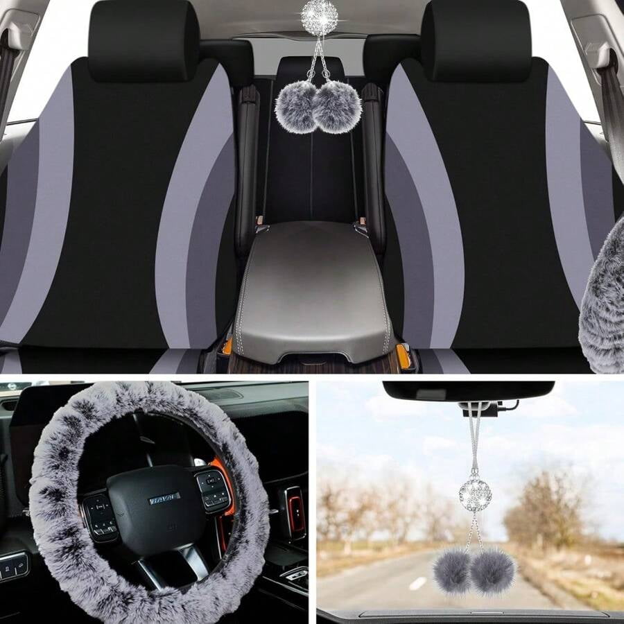 35-Piece Car Seat Cover Set With Steering Wheel Cover, Cup Holder Coasters, Shoulder Pads, And Accessories - Polyester Fabric Interior Decor Kit Without Filler,Pink Car Stuff Gray