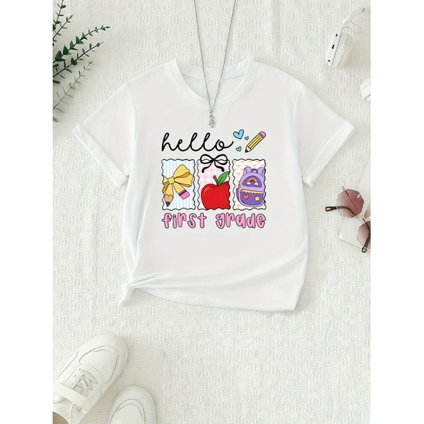 Girls' First Grade'Hello Graphic T-Shirt - Black Casual Knit Short Sleeve Top with Round Neck, Summer Wear, Soft Polyester Blend, Machine Washable, Everyday Youngsters'S Top | Medium Elasticity