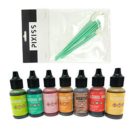 Ink Blending Tool - Tim Holtz Alcohol Inks and Mixatives 7 Bottle Bundle, Coral, Peach Bellini, Lemonade, Citrus, Pistachio, Shell Pink, Rose Gold Mixative, 8x Pixiss Ink Blending Tools