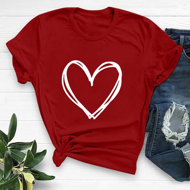Meichang T-Shirts de la Saint-Valentin pour Femmes avec Imprimé Cœur, Manches Courtes, Col Rond, Coupe Ample