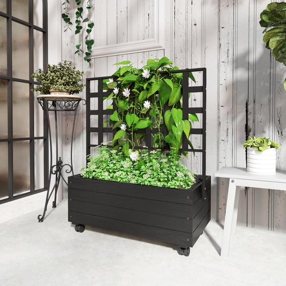 Outsunny Wooden Garden Planter with Trellis and Wheels, Freestanding Garden Box for Garden, Patio, Balcony