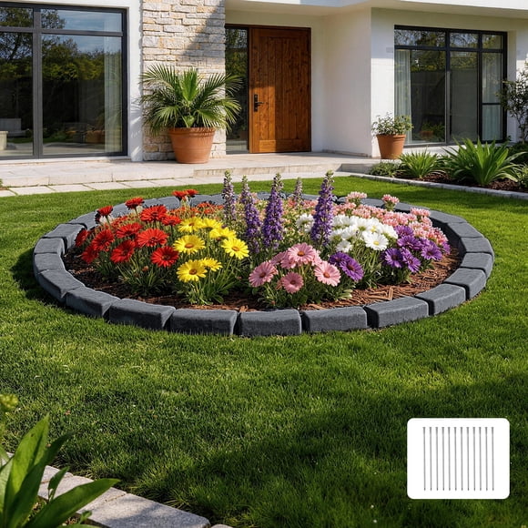 VEVOR Faux Stone Landscape Edging, 15.5 ft Kit, No Dig Garden Edging Border, Blocks for Lawn, Flower Beds, Yards, 4 Pack Each Section Has 6 Bricks 46.46"L x 3.74"W x 2.24"H, 12 Spikes, Charcoal Black