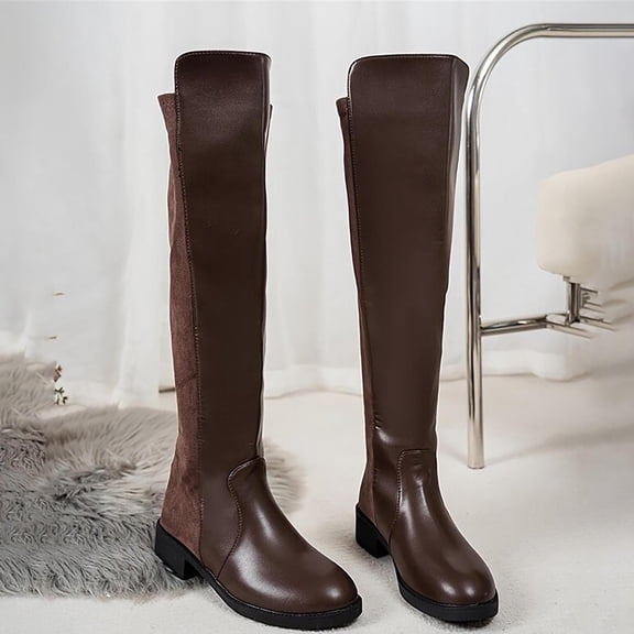 Fnooota Women's Knee High Boots, Block Heel Non Slip PU Round Toe Fall Winter Shoes Brown Size 8.5