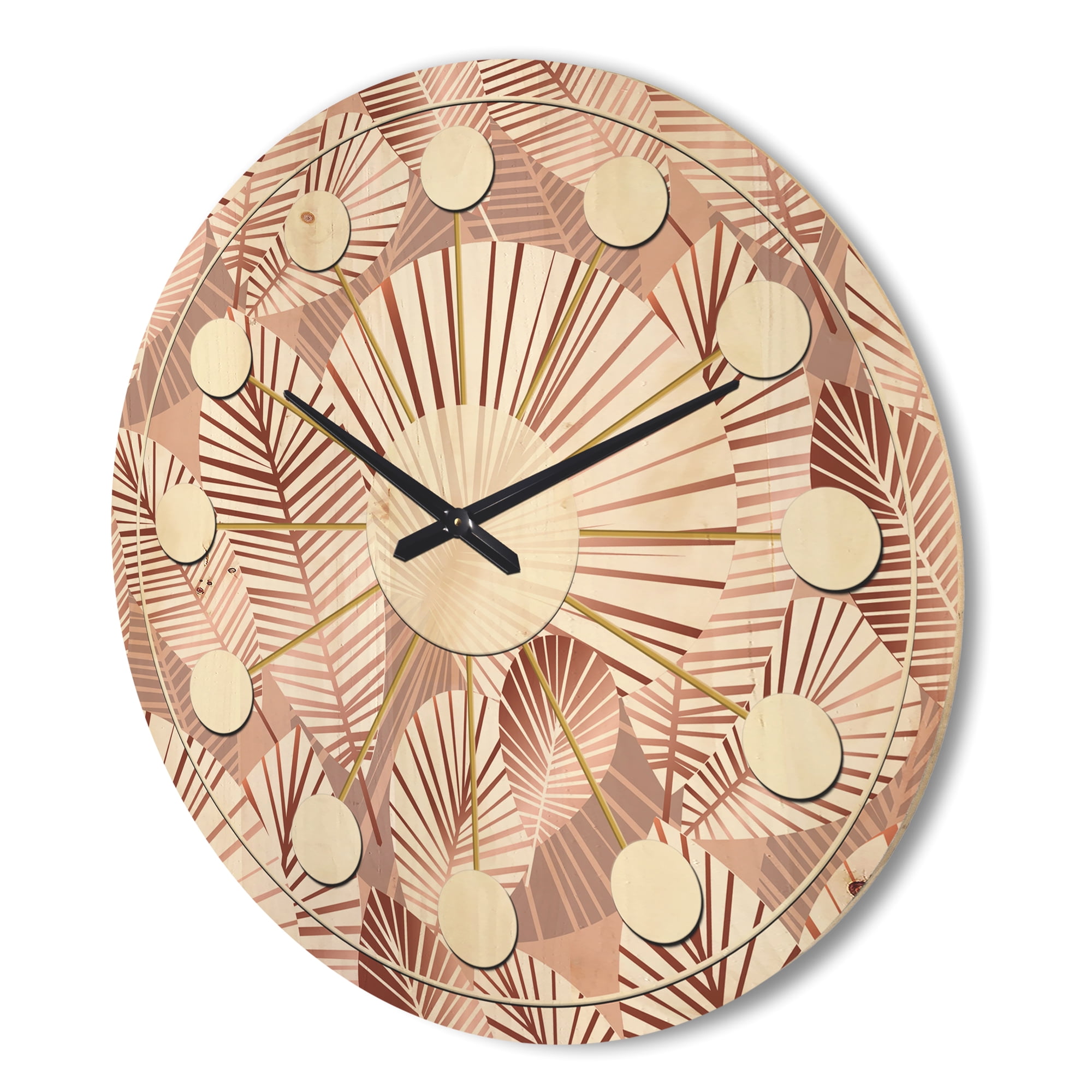 Designart 'Golden Tropical Leaves Pattern IV' Mid-Century Modern Wood Wall Clock