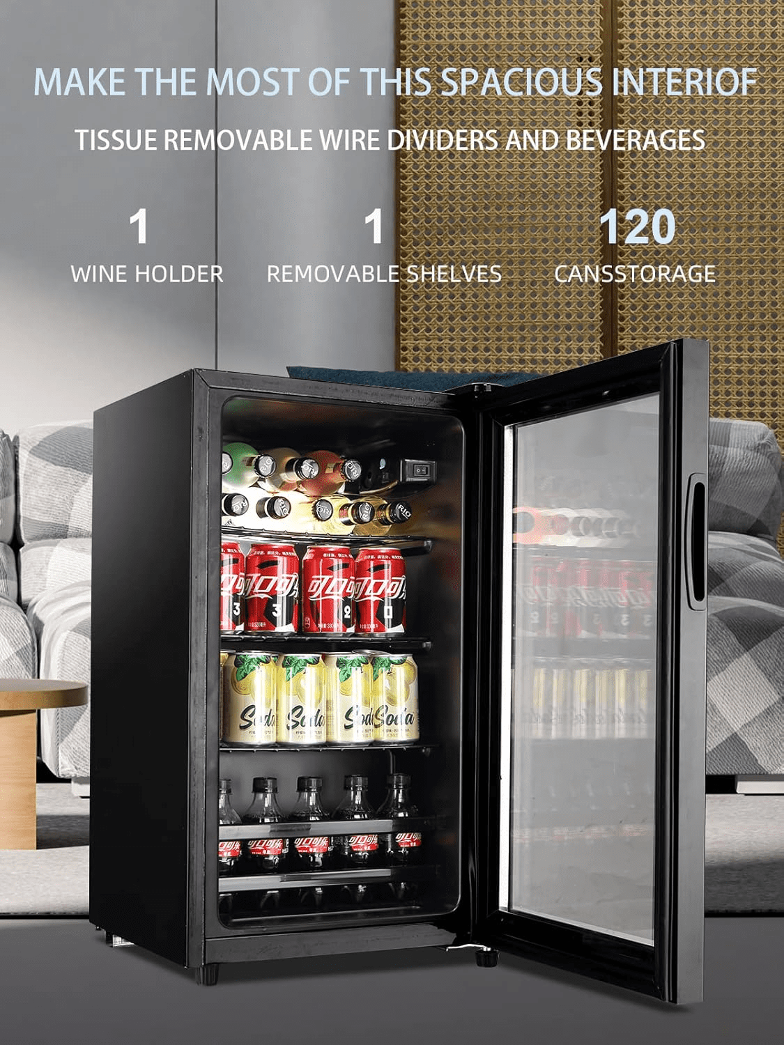 GGTB 120-Can Beverage Refrigerator Cooler, Freestanding Glass Door Mini Fridge for Beer Soda Wine, Adjustable Shelves for Home Office Bar, Black