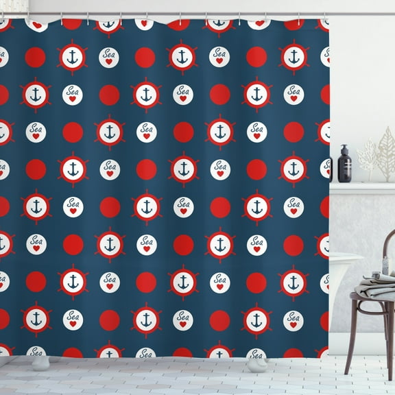 Ambesonne Anchor Shower Curtain, Marine Ship Helm Design, 69"Wx84"L, Night Blue Vermilion