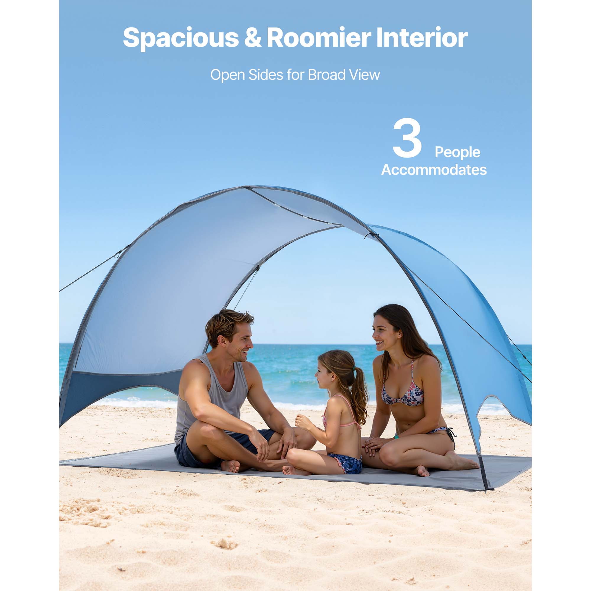 KFFKFF Beach Tent Sun Shelter for 3 People, UPF 50+ Sun Protection, Portable Canopy with Carry Bag & Ground Stakes, Lightweight and Simple Setup for Camping, Fishing, Outdoor Picnics