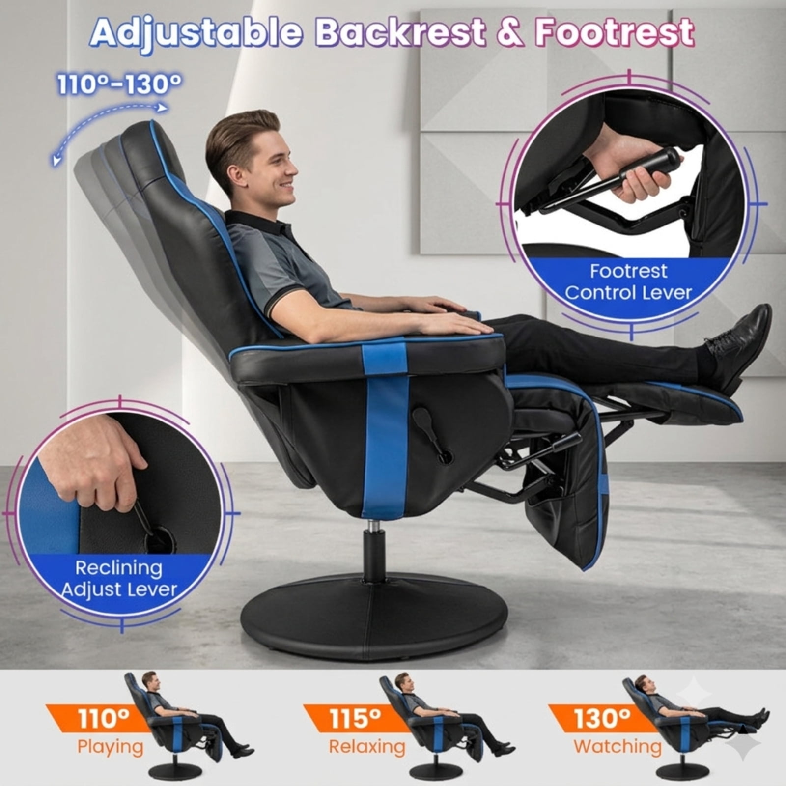 Furnibear Massage Video Gaming Recliner with Reclining Backrest Retractable Footrest Adjustable Height and Side Pocket for Gaming and Office, Blue